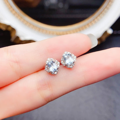 Natural Aquamarine Earrings, 925 Silver Plated with Platinum, Main Stone 4*5mm