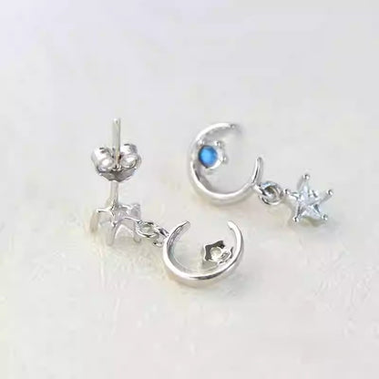 Natural Blue Moonstone Asymmetric Earrings, S925 Sterling Silver