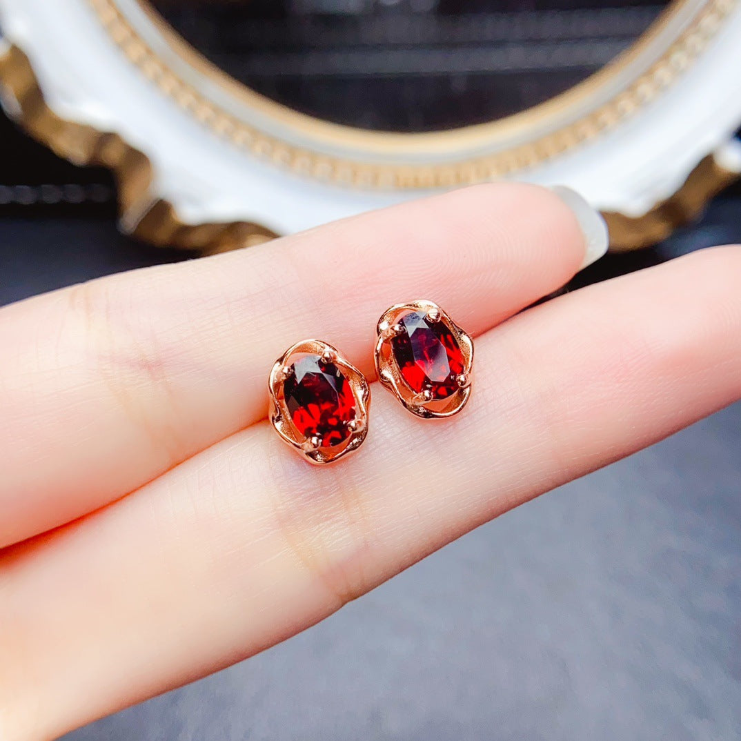 Natural Garnet Earrings, 925 Silver Plated with Gold, Main Stone 5*7mm