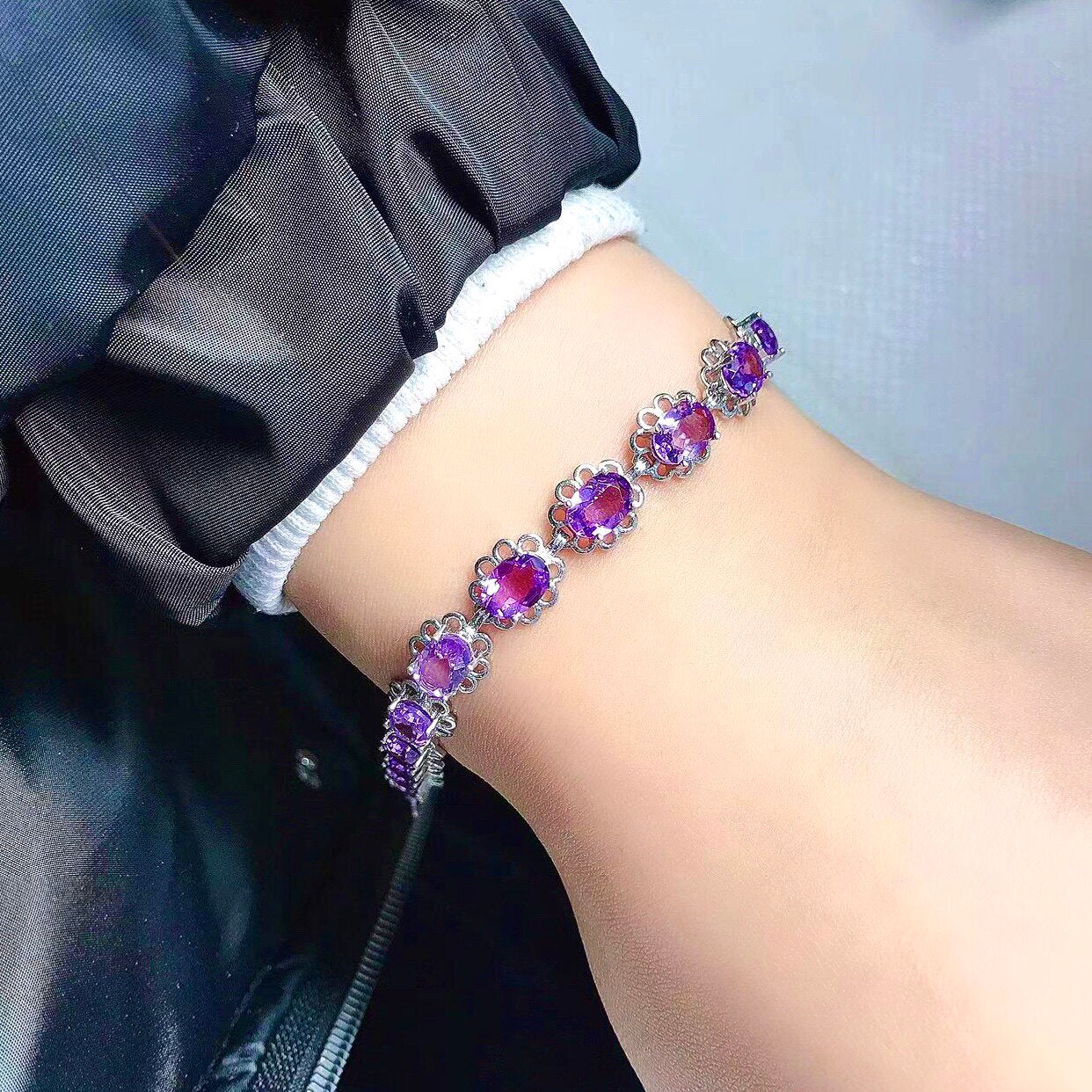 Natural Amethyst Bracelet, S925 Sterling Silver Setting