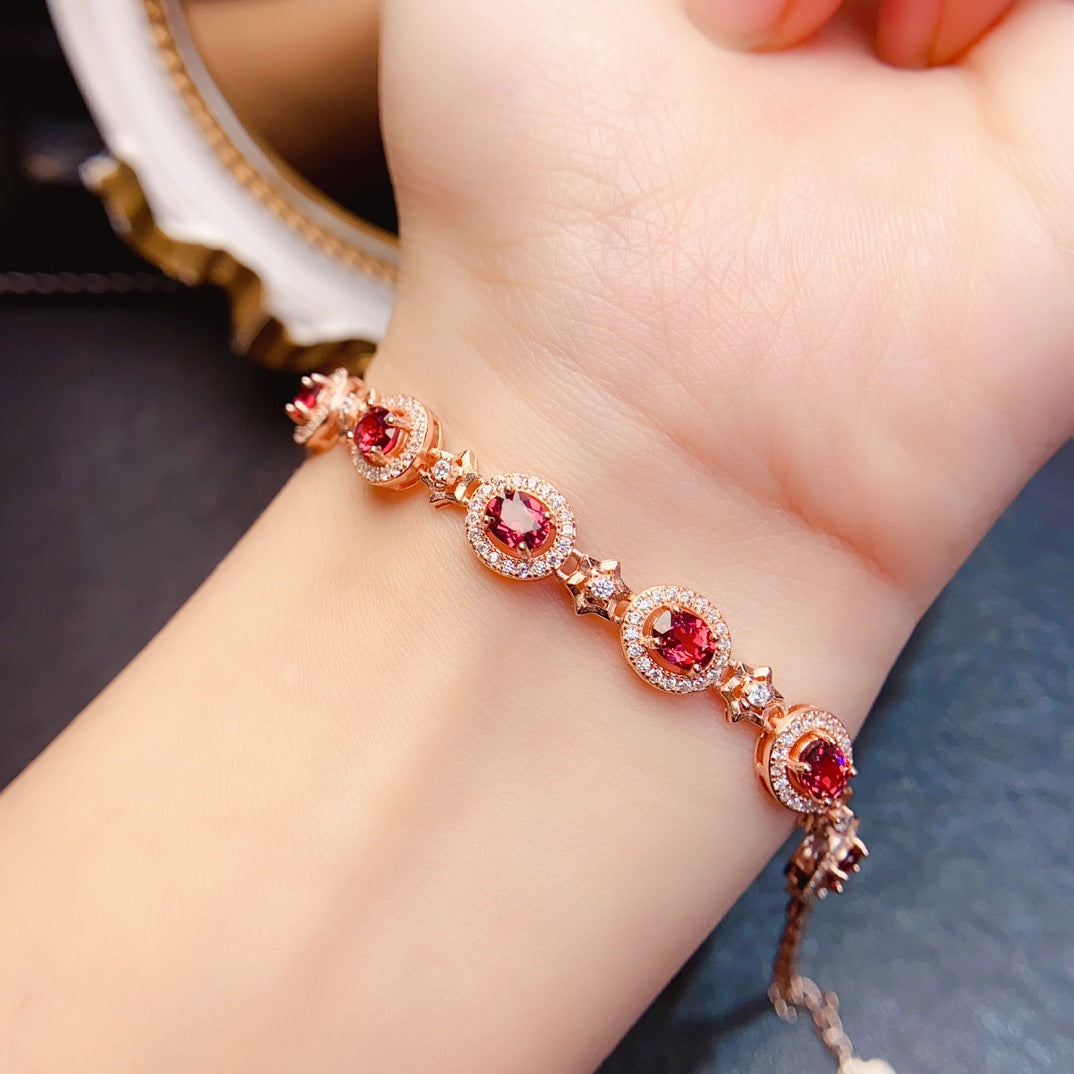 Natural Garnet Bracelet, S925 Silver Plated with Rose Gold