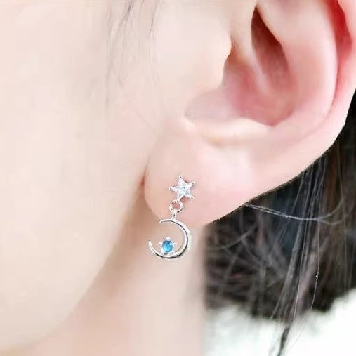 Natural Blue Moonstone Asymmetric Earrings, S925 Sterling Silver