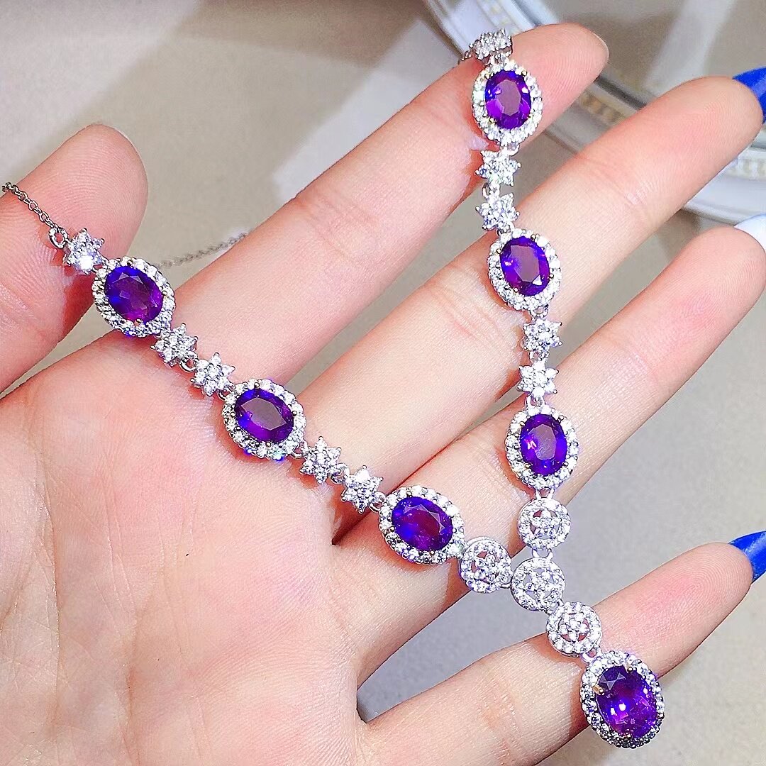 Natural Amethyst Necklace, S925 Silver Plated with Platinum