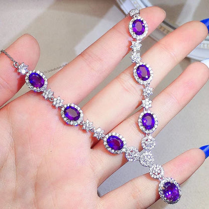 Natural Amethyst Necklace, S925 Silver Plated with Platinum