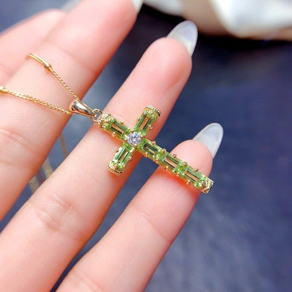 Natural Peridot Cross Pendant Necklace, Set in S925 Silver