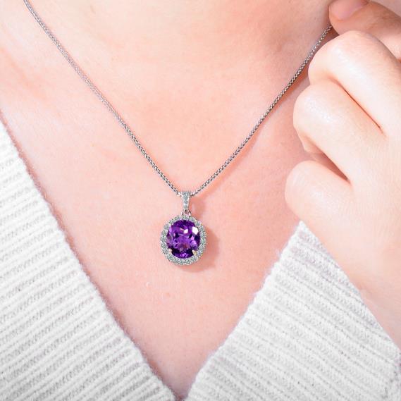 Natural Amethyst Pendant Necklace, S925 Silver Plated with Platinum