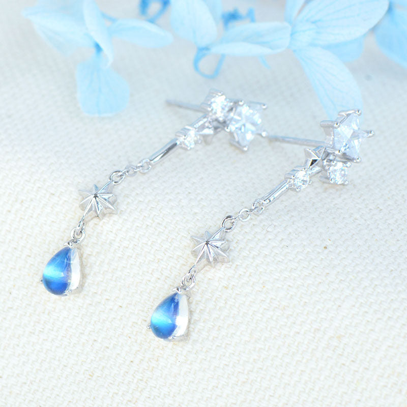 Natural Moonstone Earrings, Ice Type with Strong Blue Sheen, 925 Sterling Silver
