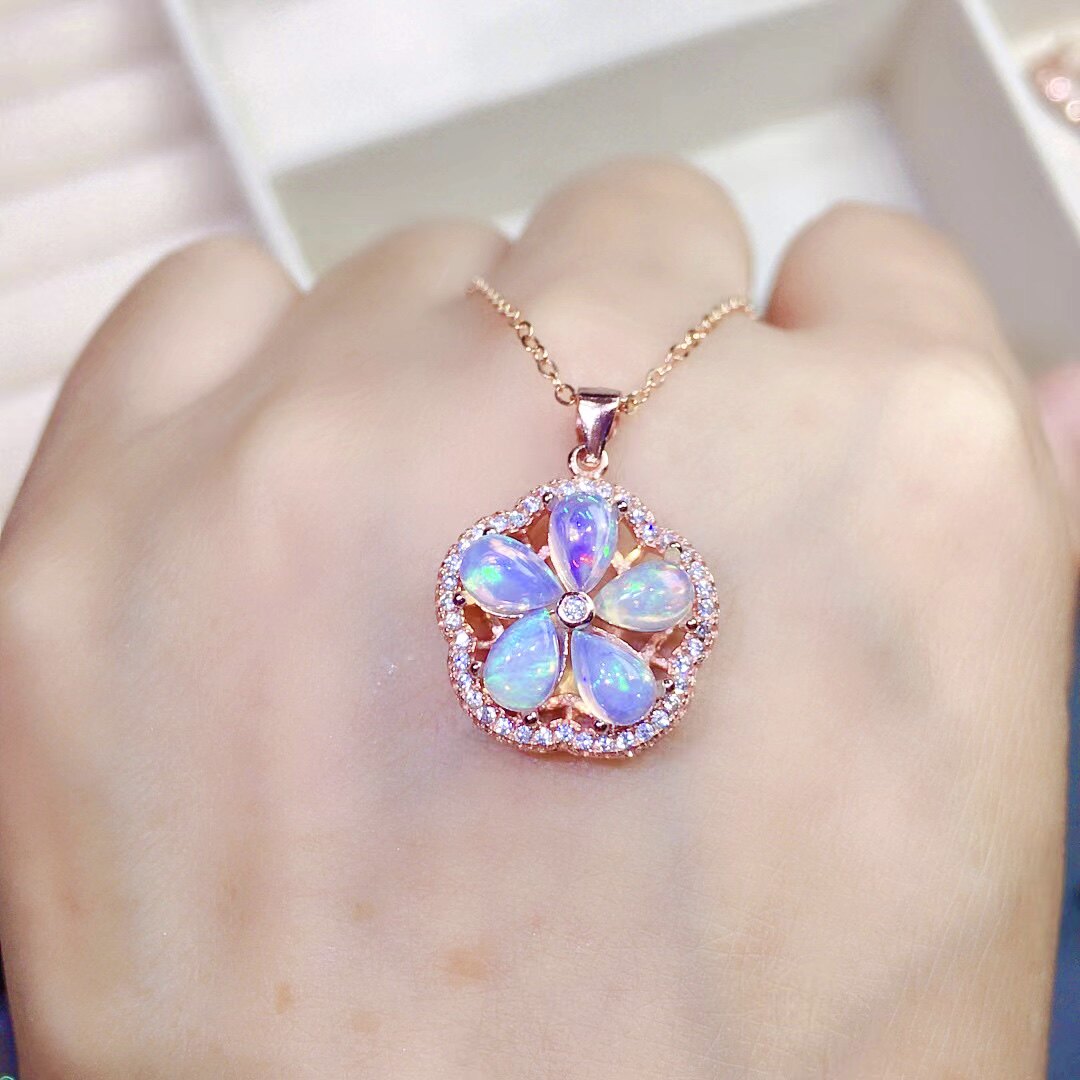 Natural Opal Floral Pendant Necklace, Set in S925 Silver