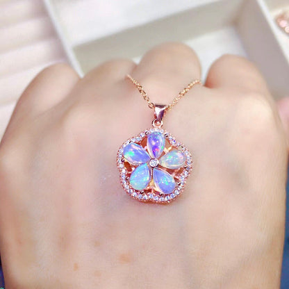Natural Opal Floral Pendant Necklace, Set in S925 Silver