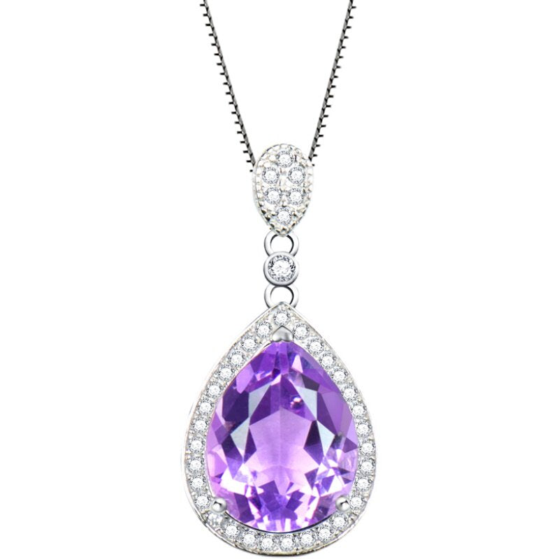 Natural Amethyst Pendant Necklace, S925 Silver Plated with Platinum