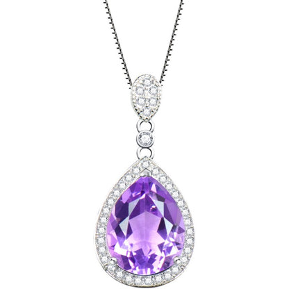 Natural Amethyst Pendant Necklace, S925 Silver Plated with Platinum