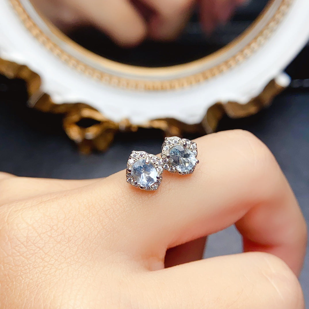 Natural Aquamarine Earrings, 925 Silver Plated with Platinum, Main Stone 4*5mm