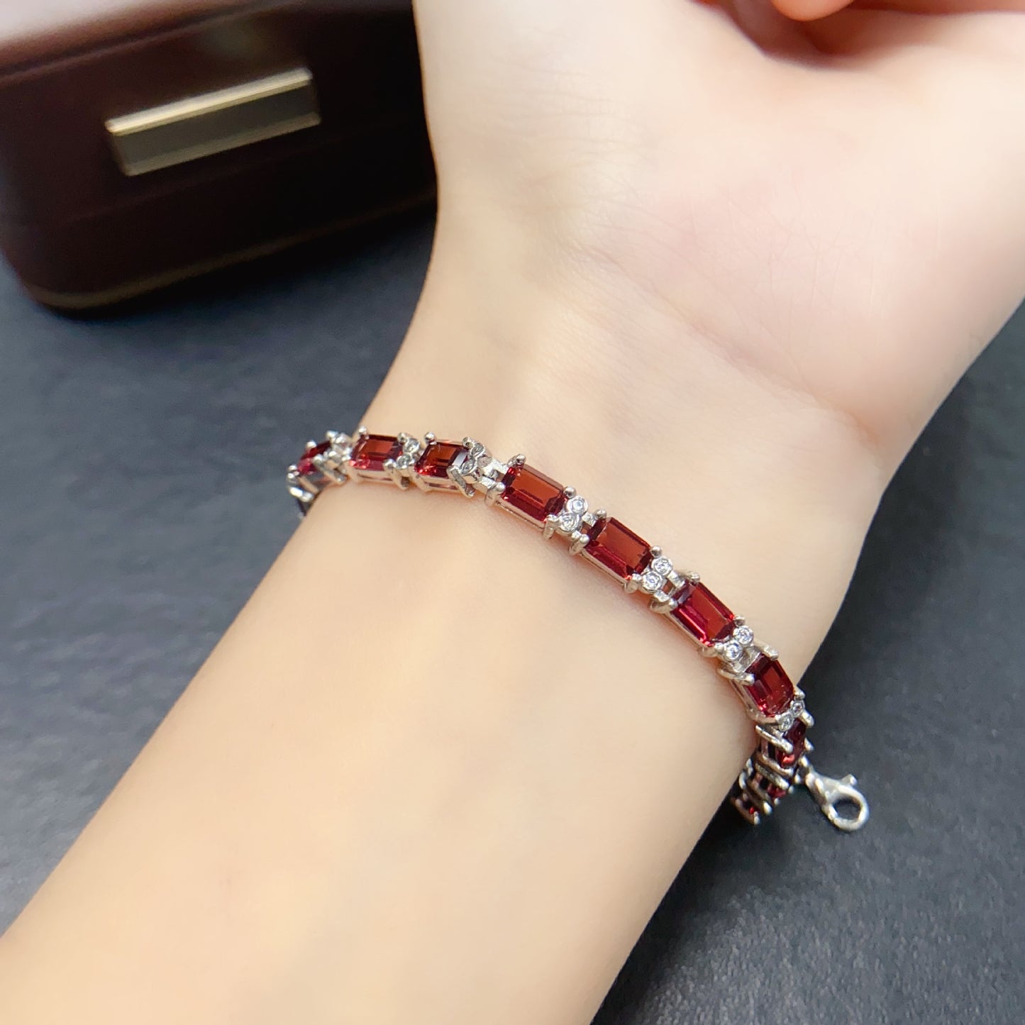 Bracelet Grenat Naturel, Plaqué Argent S925 et Platine