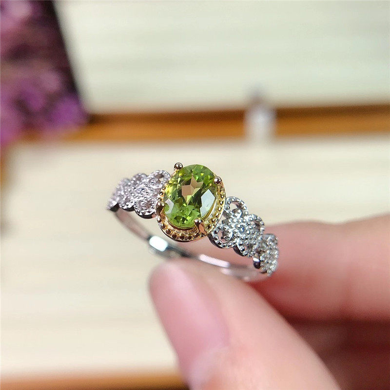 Natural Peridot Ring for Women, Set in S925 Sterling Silver, Main Stone 5*7mm