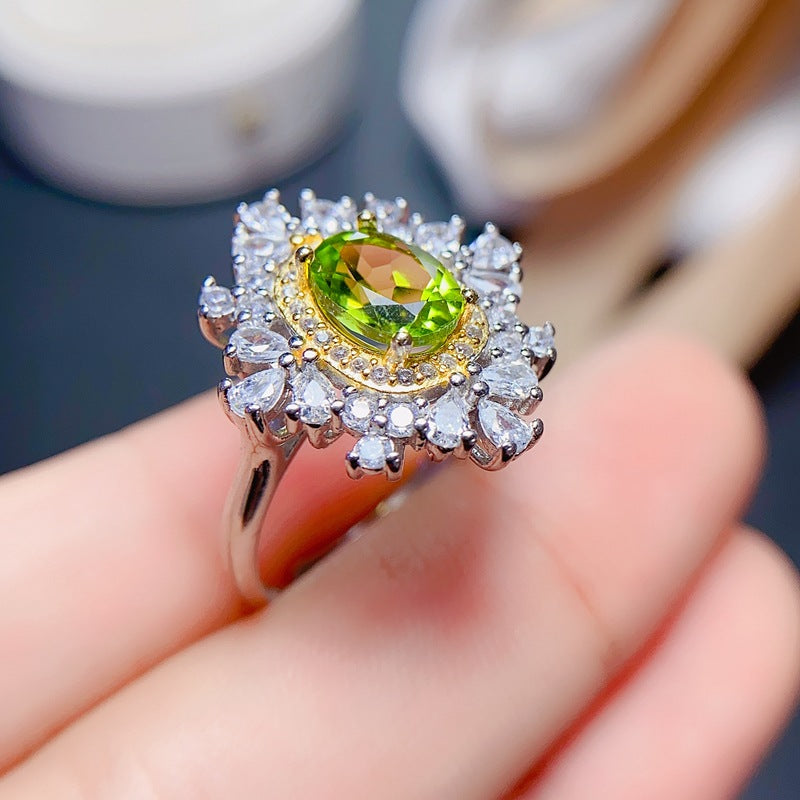 Natural Peridot Ring for Women, S925 Sterling Silver Setting, Main Stone 6*8mm