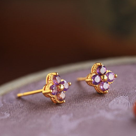 Natural Amethyst Sterling Silver Four-Leaf Clover Earrings