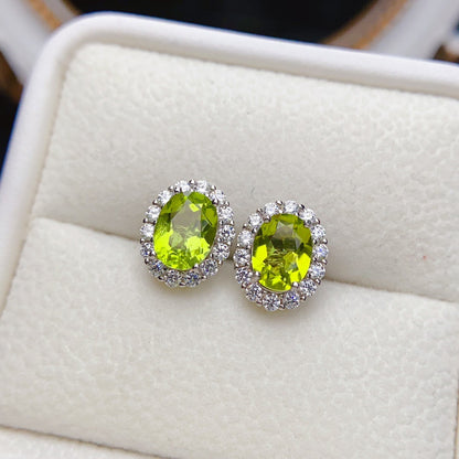 Natural Peridot Earrings, Set in S925 Silver, Main Stone 5x7mm
