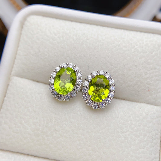 Natural Peridot Earrings, Set in S925 Silver, Main Stone 5x7mm