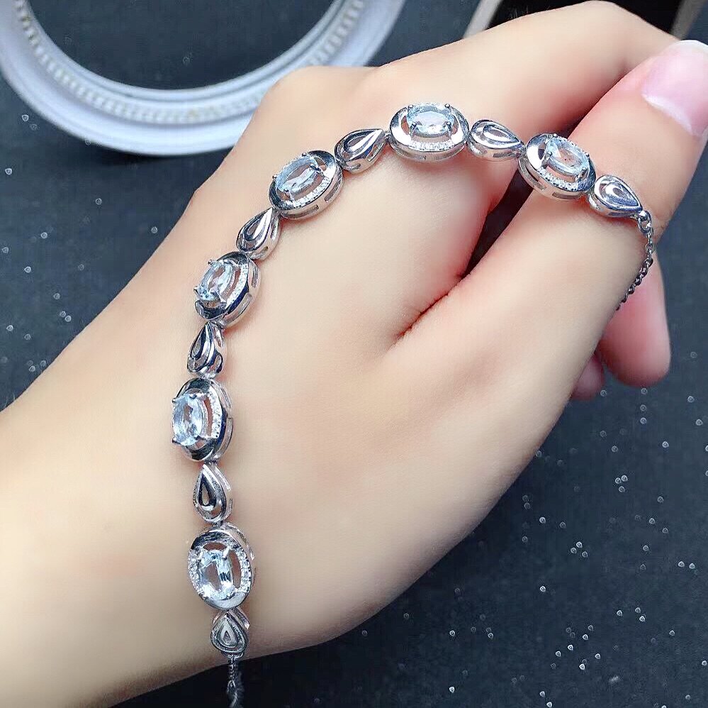 Natural Aquamarine Bracelet, S925 Sterling Silver Setting