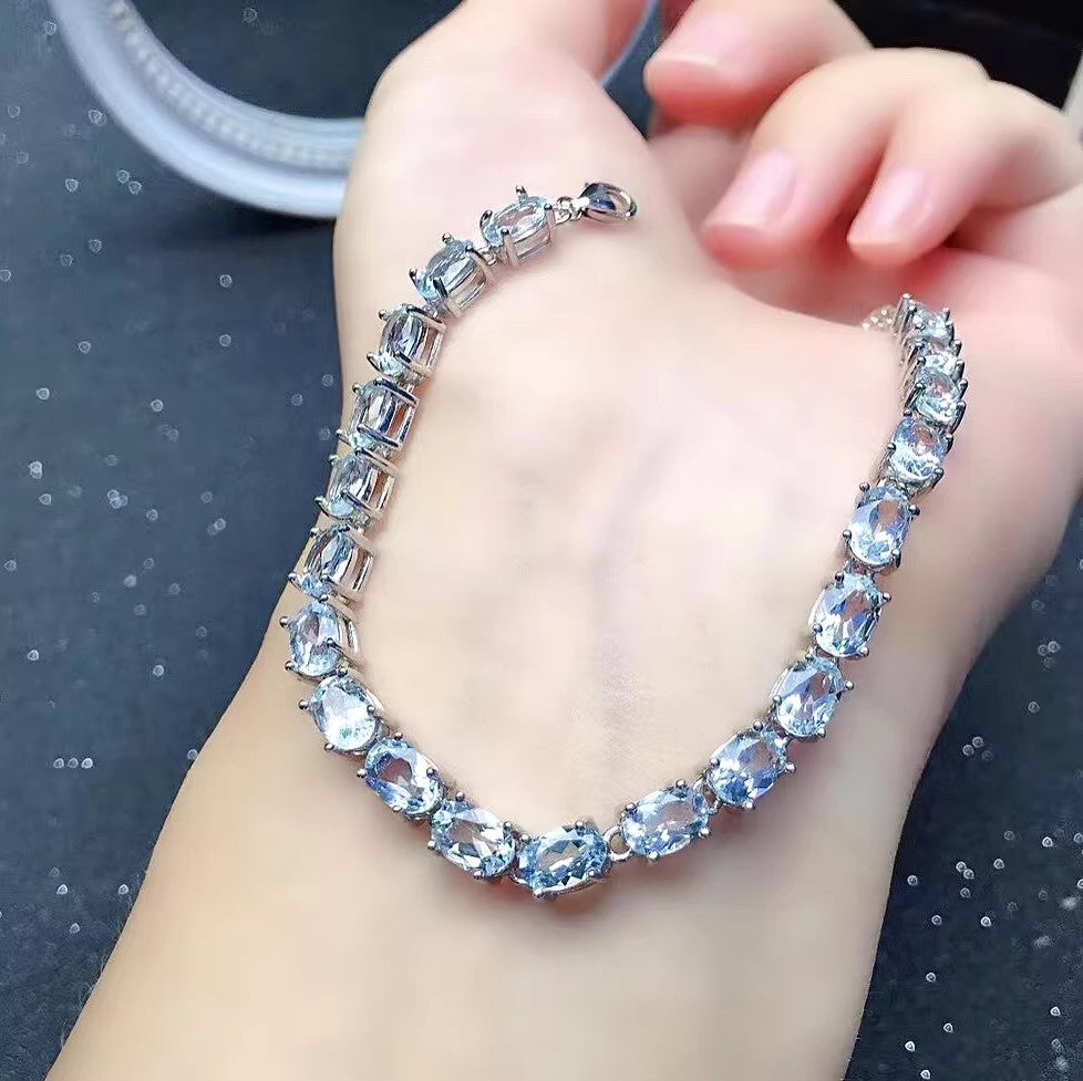 Natural Aquamarine Bracelet, S925 Sterling Silver Setting