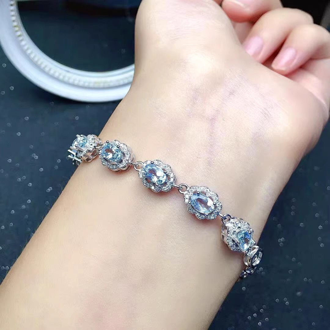 Natural Aquamarine Bracelet, S925 Sterling Silver Setting