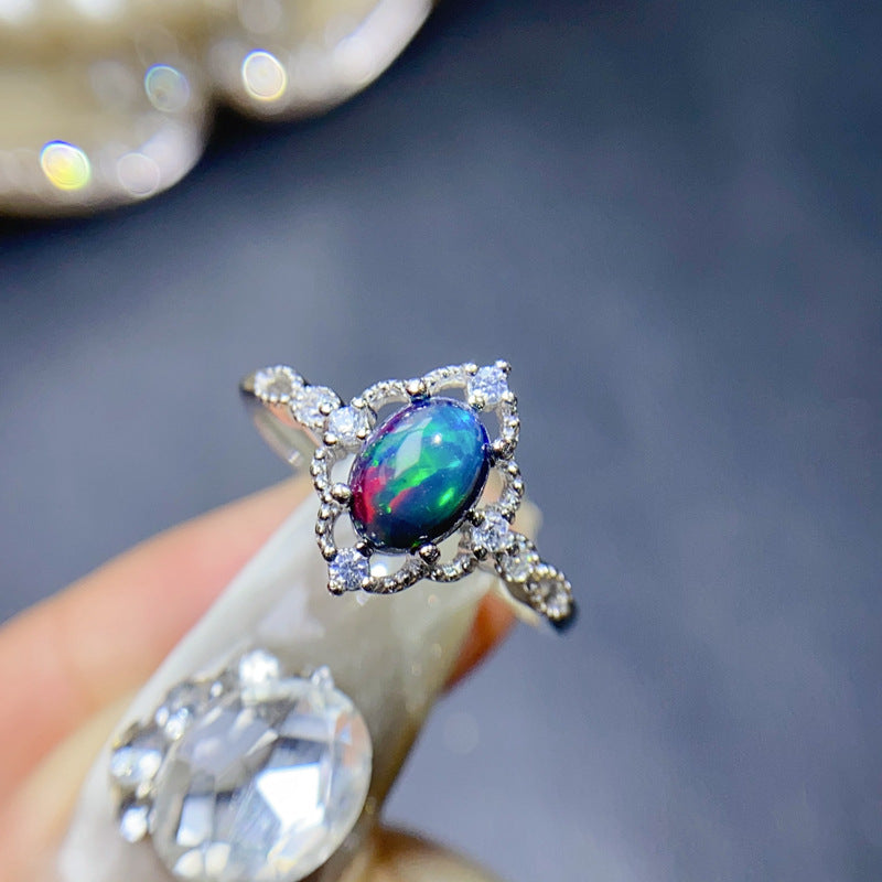 Natural Black Opal Ring 925 Silver 5*7mm