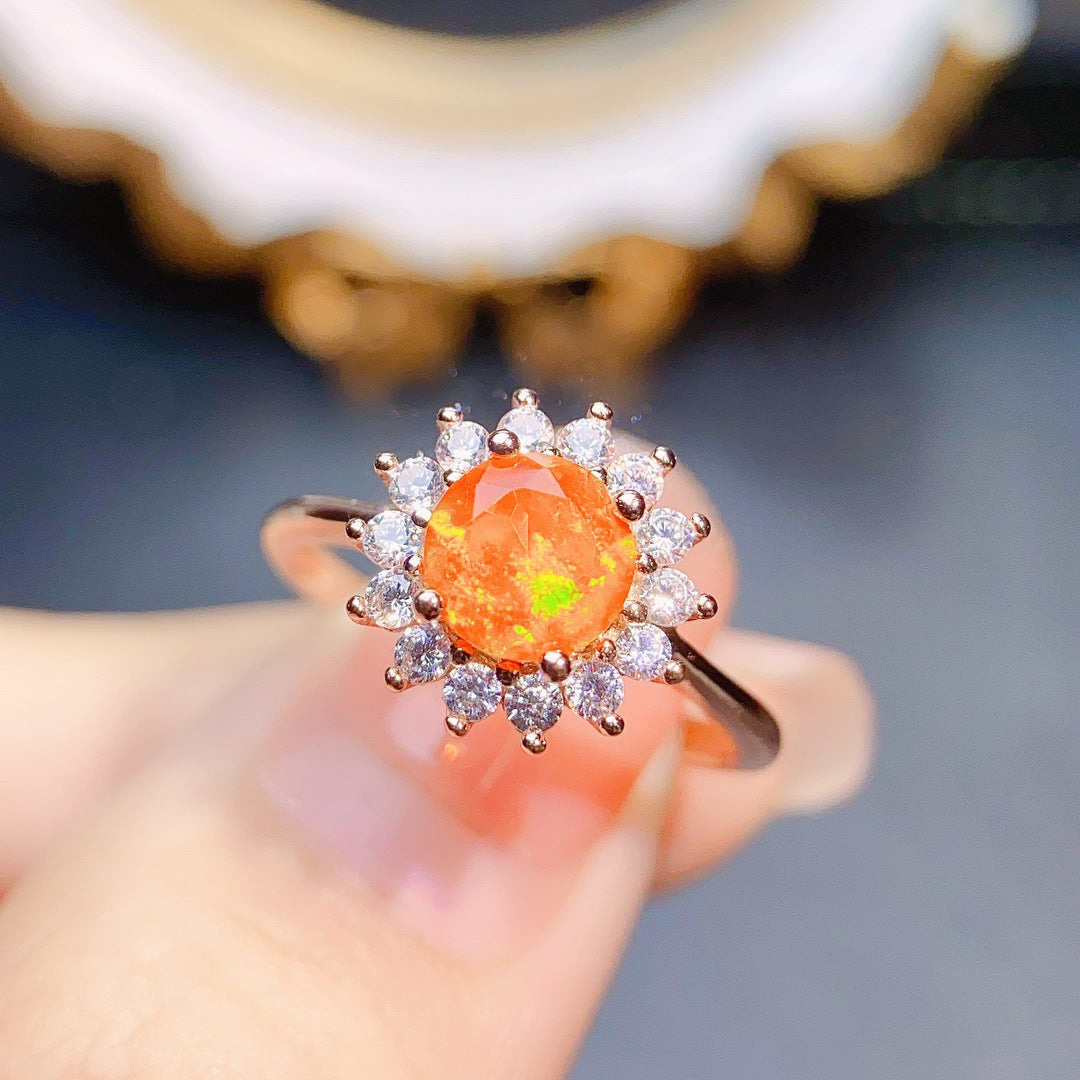 Natural Fire Opal Ring S925 Silver Setting, Main Stone 6*6mm