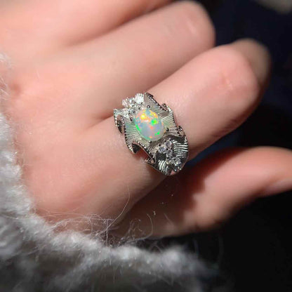 Natural Opal Ring 925 Silver with Floral Pattern