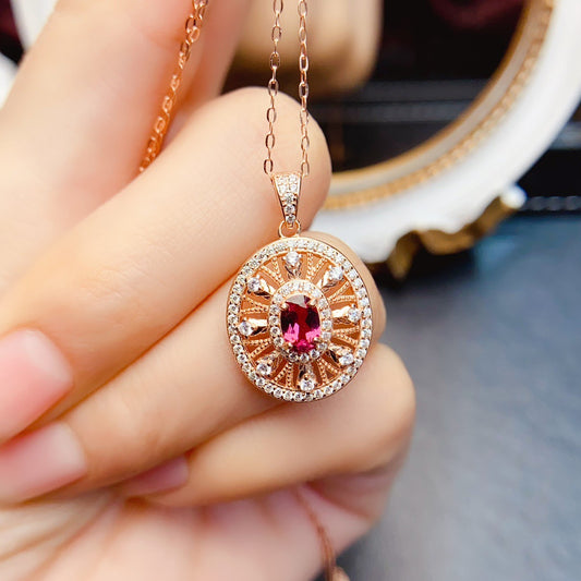 Natural Garnet Pendant Necklace, S925 Silver Rose Gold-Plated