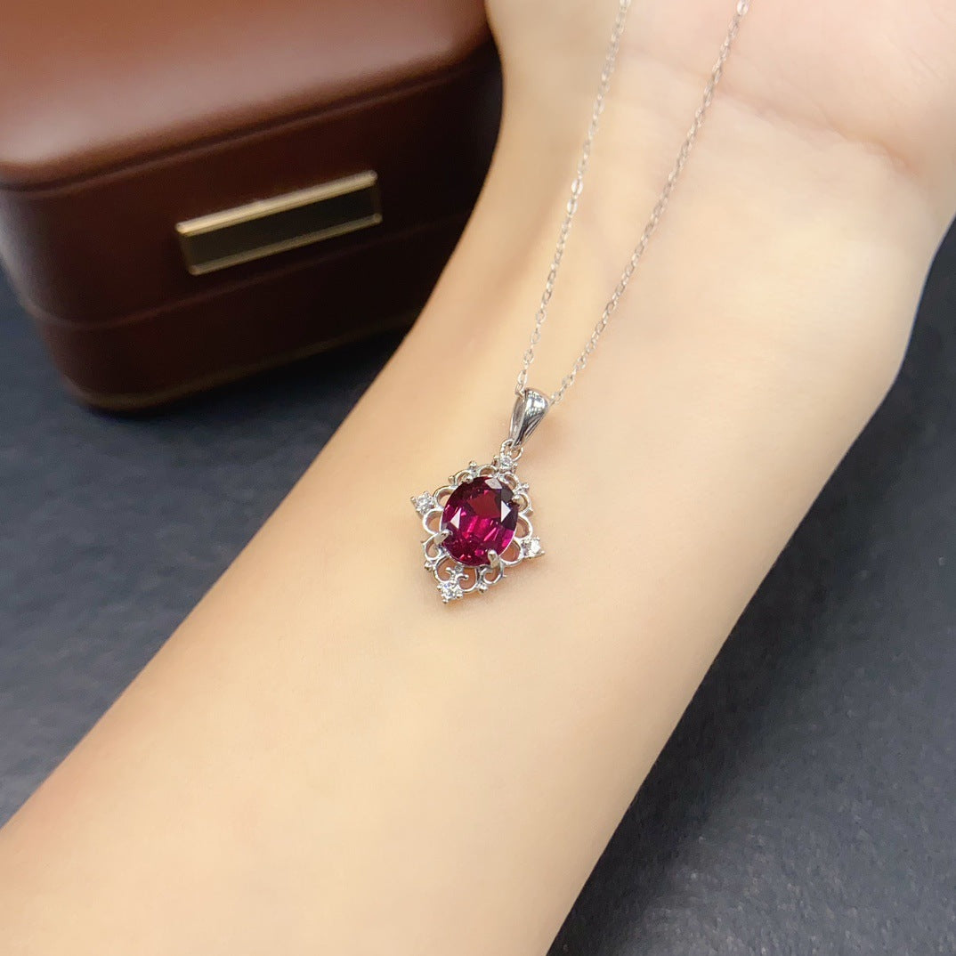 Natural Garnet Pendant Necklace, S925 Silver Plated with Platinum