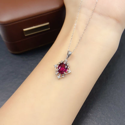 Natural Garnet Pendant Necklace, S925 Silver Plated with Platinum