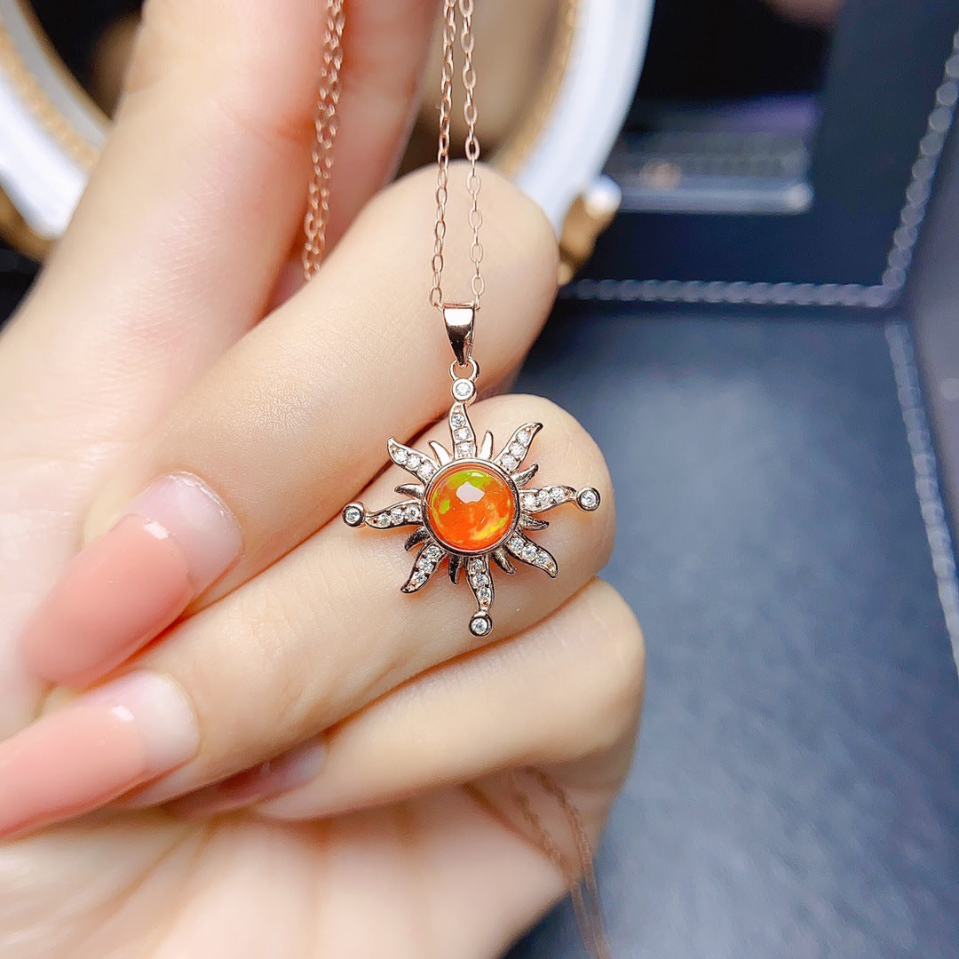 Natural Fire Opal Pendant Necklace, Set in S925 Silver