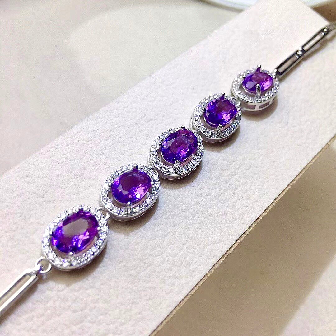 Natural Amethyst Bracelet, S925 Sterling Silver Setting