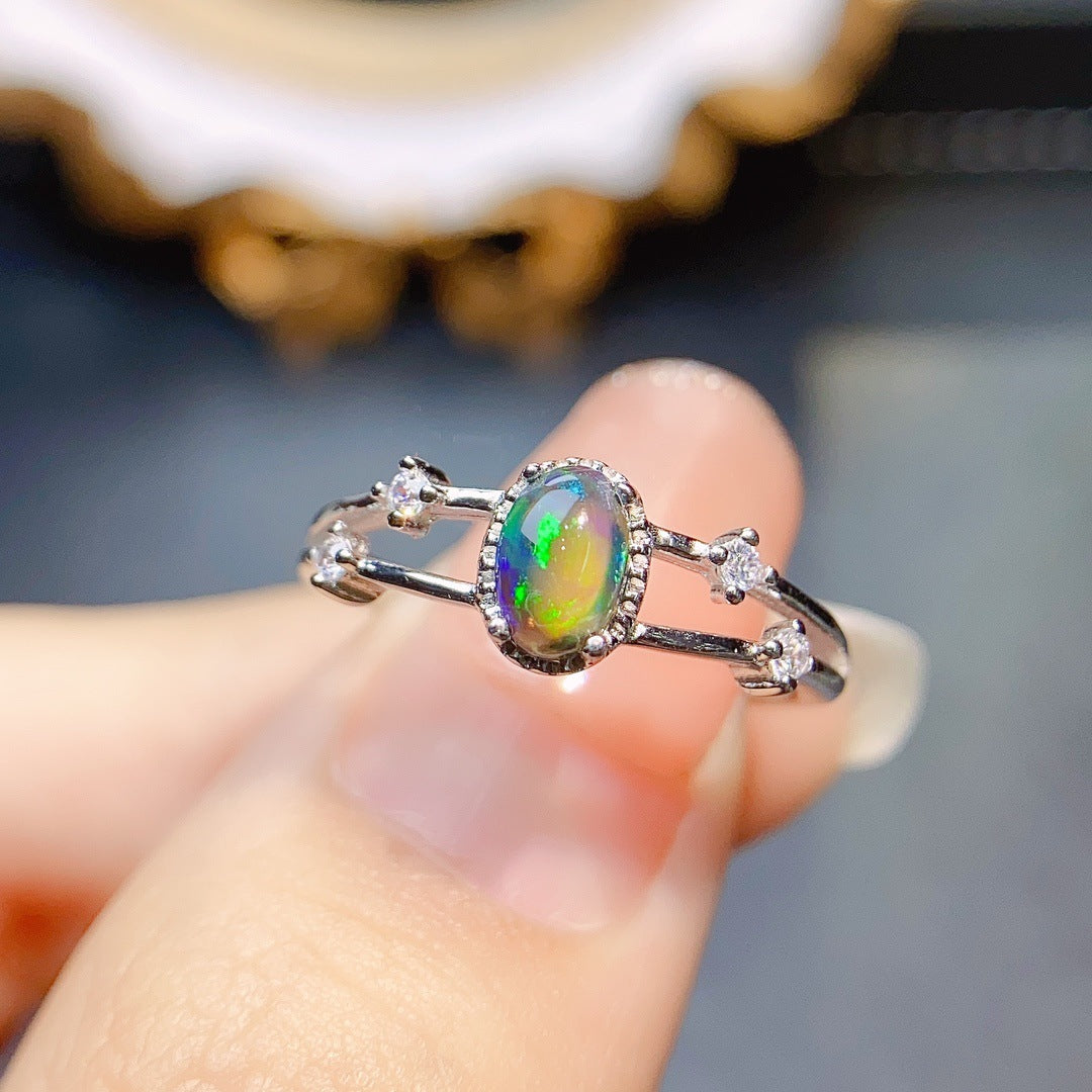 Natural Black Opal Ring S925 Silver Setting, Main Stone 4*6mm