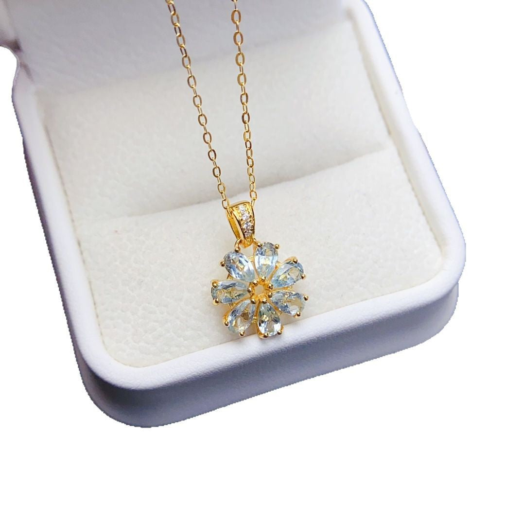 Natural Aquamarine Pendant Necklace, S925 Silver Plated with Gold