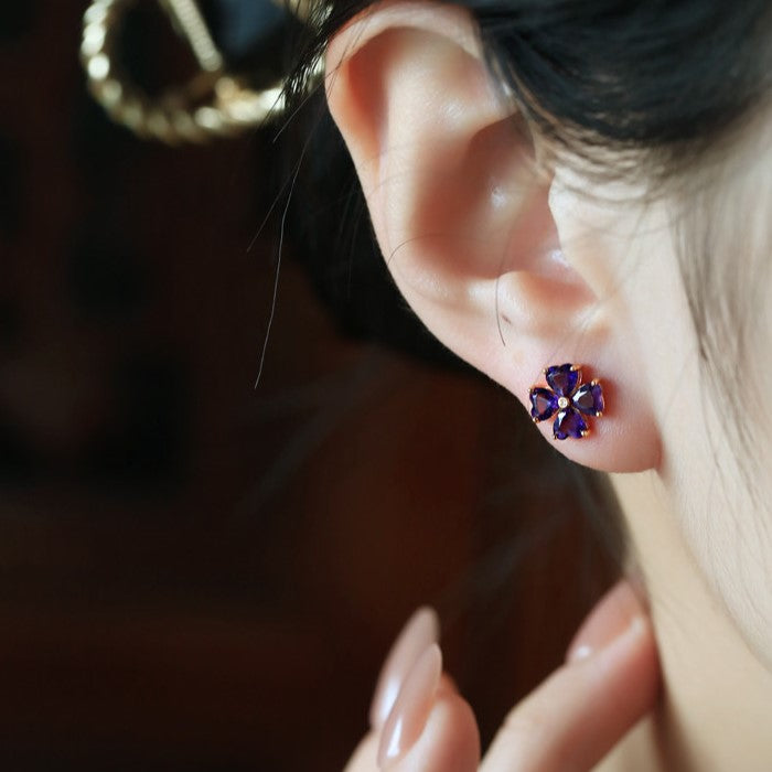 Natural Amethyst Sterling Silver Four-Leaf Clover Earrings