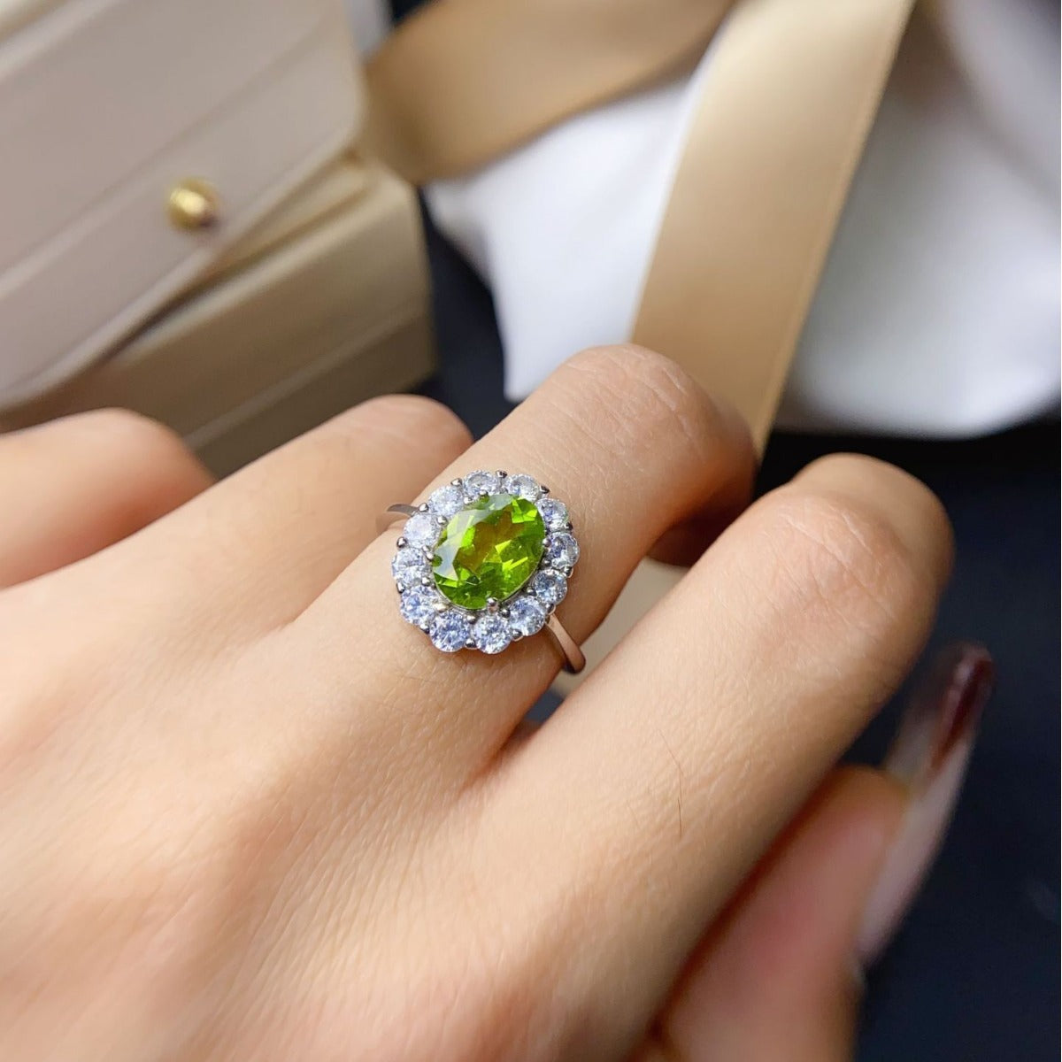 Natural Peridot Ring for Women, S925 Sterling Silver Setting, Main Stone 7*9mm
