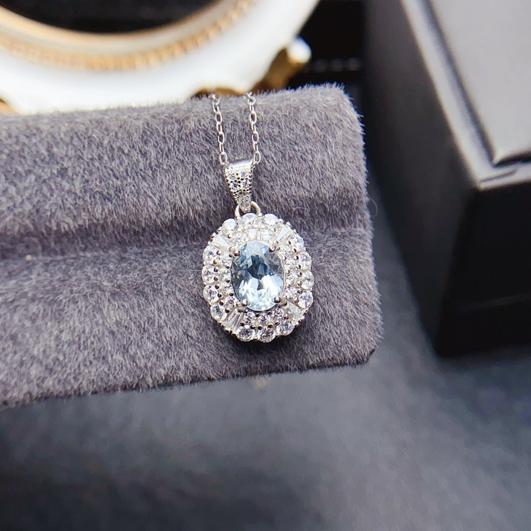 Natural Aquamarine Pendant Necklace, S925 Silver Plated with Platinum
