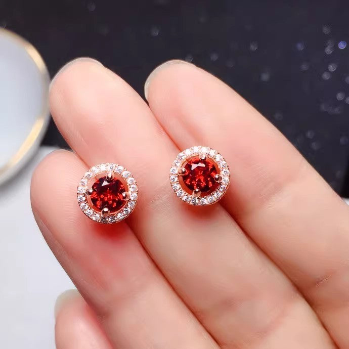 Natural Garnet Earrings, 925 Silver Plated with Rose Gold, Main Stone 5*5mm