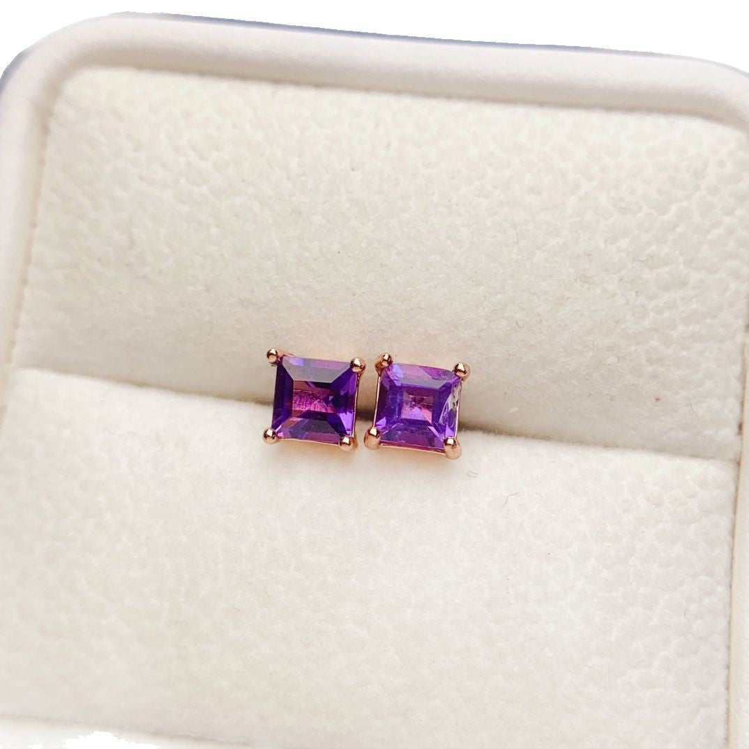 Natural Amethyst Earrings, 925 Silver with Gold Plating, 5x5mm