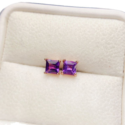 Natural Amethyst Earrings, 925 Silver with Gold Plating, 5x5mm