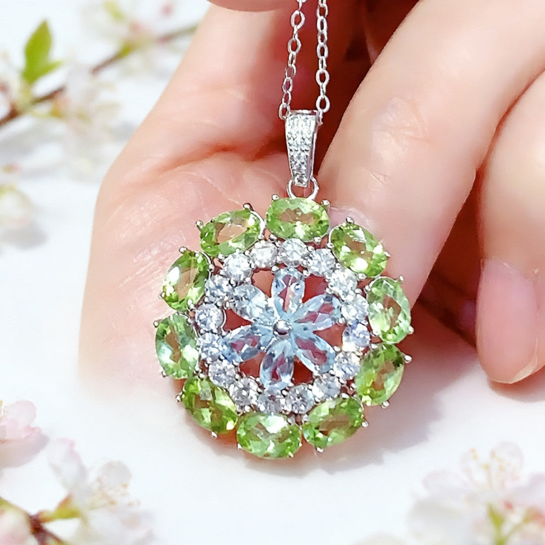 Natural Peridot and Aquamarine Pendant Necklace, Set in S925 Silver