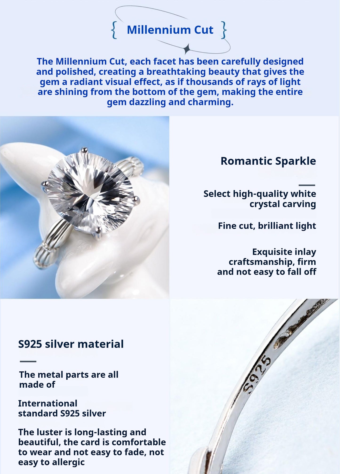 Natural white crystal 925 silver ring