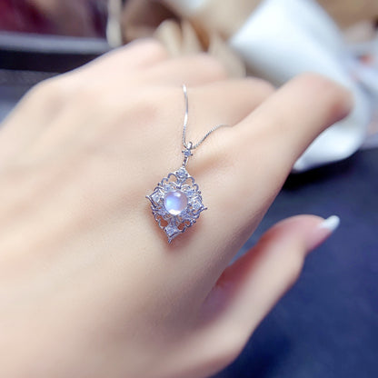 Natural Moonstone Pendant Necklace, S925 Silver Plated with Platinum