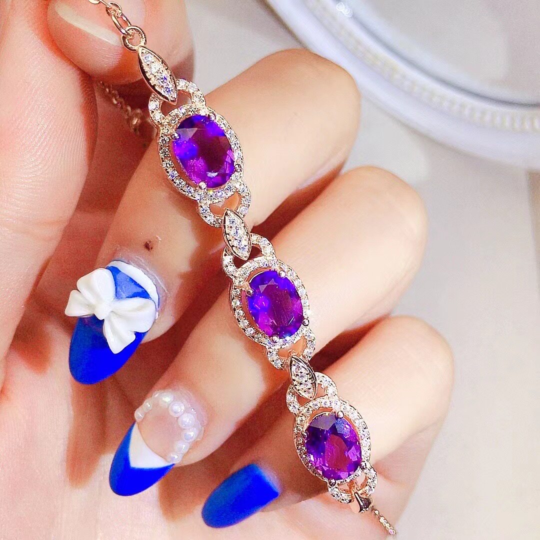 Natural Amethyst Bracelet for Women, S925 Sterling Silver Setting