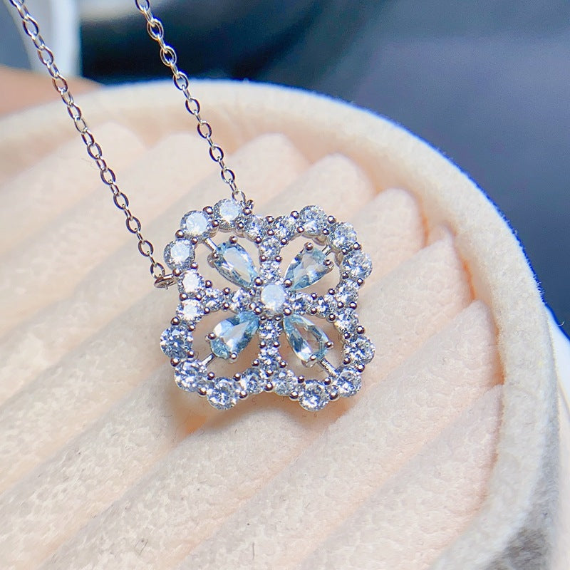 Natural Aquamarine Pendant Necklace, S925 Silver Plated with Platinum