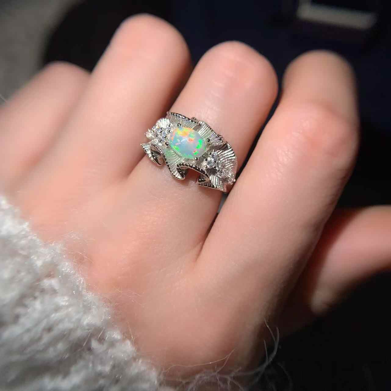 Natural Opal Ring 925 Silver with Floral Pattern