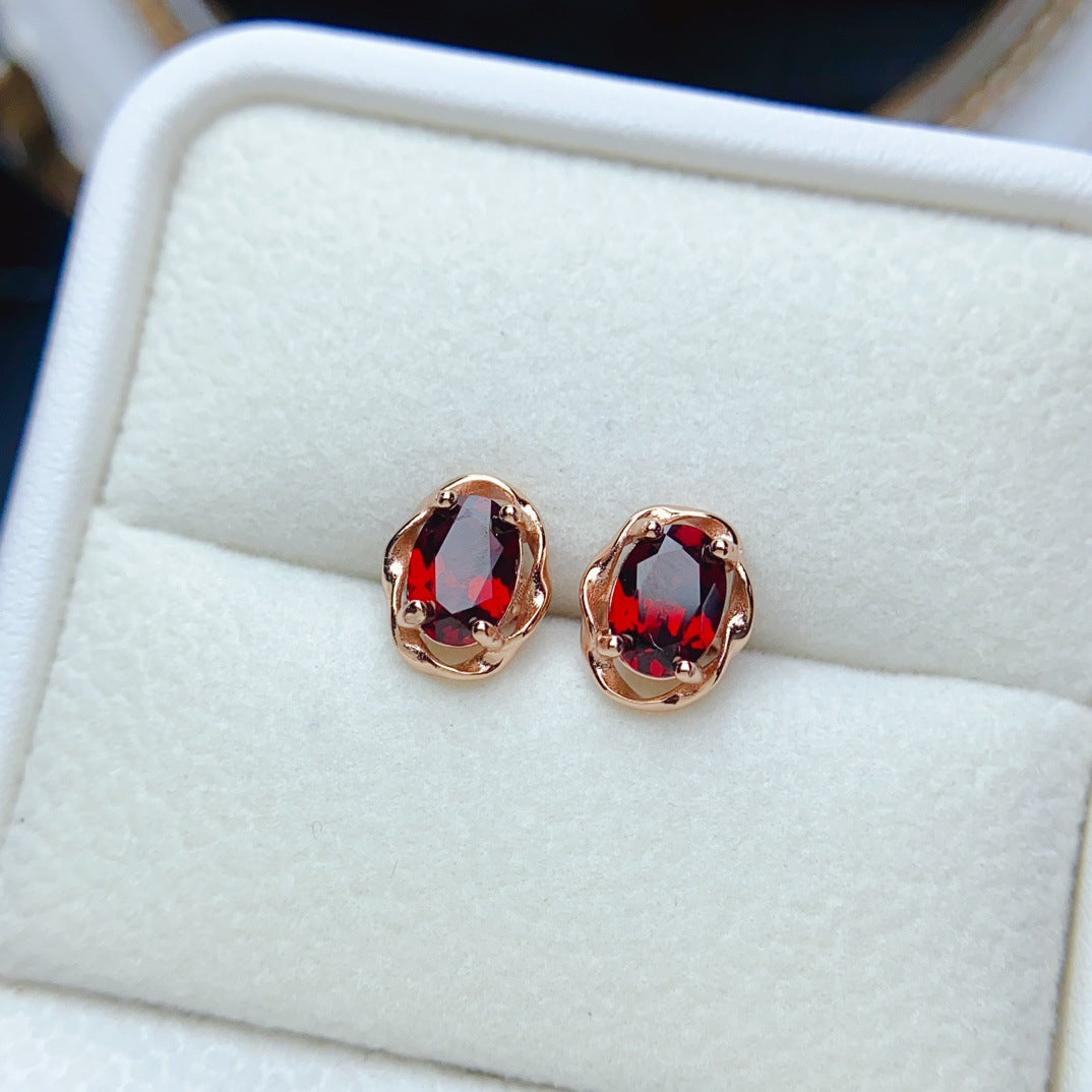 Natural Garnet Earrings, 925 Silver Plated with Gold, Main Stone 5*7mm