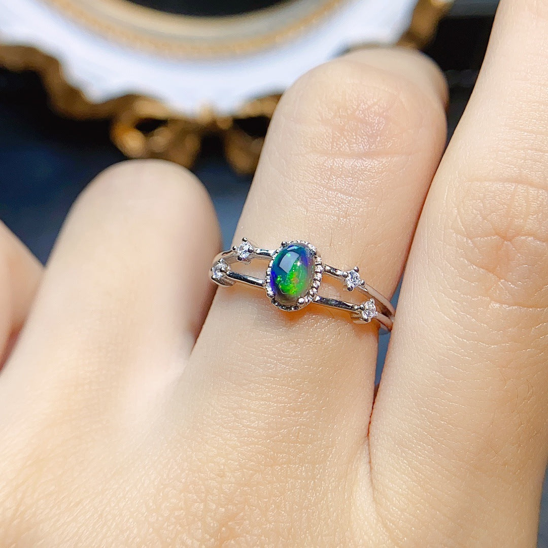 Natural Black Opal Ring S925 Silver Setting, Main Stone 4*6mm