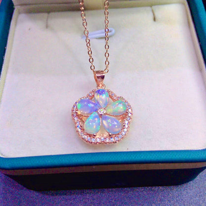 Natural Opal Floral Pendant Necklace, Set in S925 Silver